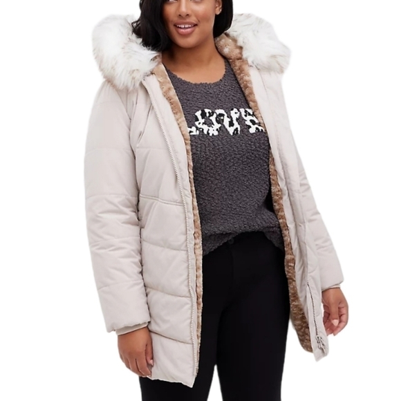 5X - Torrid | FIT & FLARE PUFFER JACKET - FUR NYLON GREY & BIRCH - Picture 11 of 11
